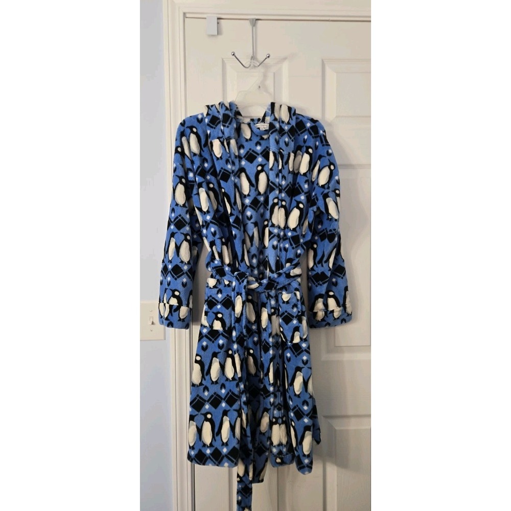 Vera Bradley Fleece Penguins Intarsia Blue Fleece Hooded Robe Small/ Medium